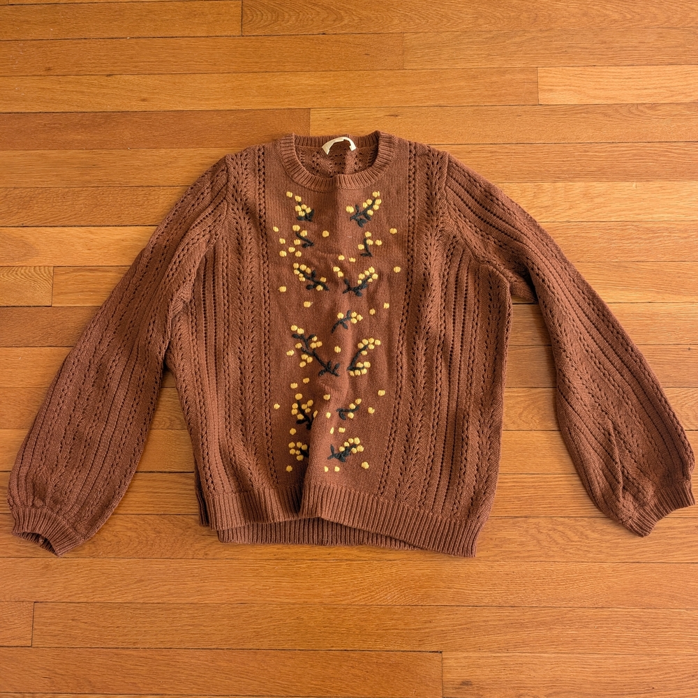 Sézane Gladys Wool Sweater In Hazelnut with Yellow Floral Accents